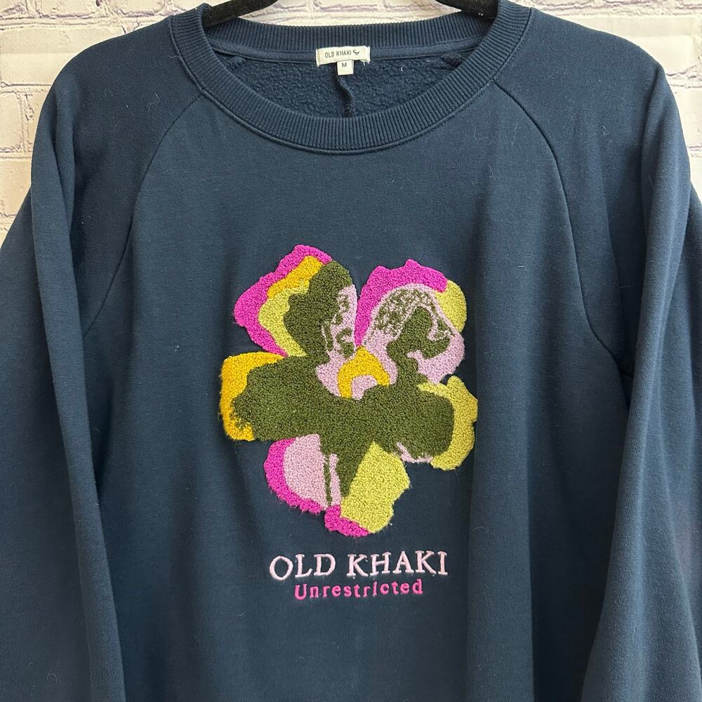 Old Khaki Unrestricted Floral Embroidered Crew Neck Navy Purple Women's Medium - Picture 2 of 6
